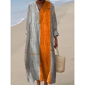 Women's Midi Dress V Neck Long Sleeve Kaftan Lightweight Loose Fit A Line Dress Casual Boho Going out Loose Fit Graphic Geometric Stripe Long Sleeve V Neck Bla