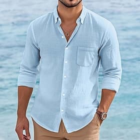 Men's Shirt Linen Shirt Summer Shirt Button Down Shirt Beach Shirt Solid Color Vacation Holiday White Pink Green Light Blue Long Sleeve Lapel Clothing Apparel