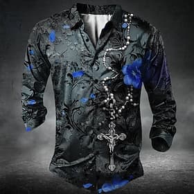 Per uomo Croce Templare Romantico Rosa Camicia Camicia con Bottoni Manica Lunga Stile gotico oscuro Ferie Abbigliamento casual alla moda Estate Primavera Collo