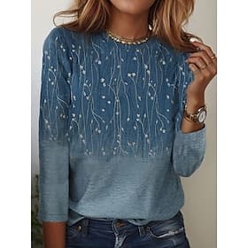 Women's T shirt Long Sleeve Crew Neck Long Sleeve Tunic Elegant Basic Floral Print Regular Tops Round Neck Holiday Weekend Blue Fuchsia Gray Light Blue Fall  W