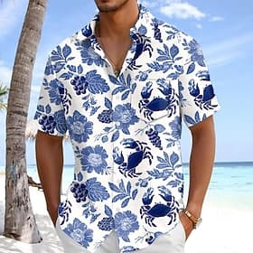 Men's Floral Print Crab Tropical Flowers Summer Hawaiian Shirt Button Up Shirt Aloha Shirt Short Sleeve Shirt Turndown Hawaiian Vacation Holiday Beach Wear Blu