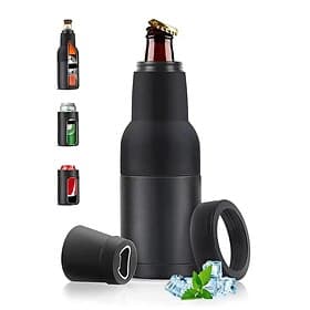 Beer Bottle and Can Cooler, Vacuum Insulated Stainless Steel Beer Holder with Opener, Fits Slim Cans and Bottles, Double Walled Drink Cooler Gift for Men, Midn