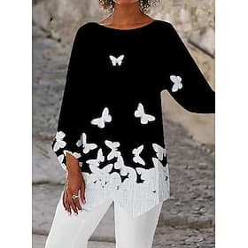Women's Blouse Print Asymmetric Hem Butterfly Print Daily Stylish Long Sleeve Crew Neck Regular Tops Daily Holiday Silver Black and gray Black Summer Spring