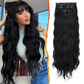 20 Inch Wavy Clip in Hair Extensions  5PCS Thick Soft Synthetic Hairpieces  Natural Black Full Head Clip in Hair Extensions for Women  Long Voluminous Easy Wea
