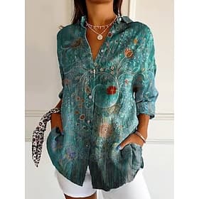 Chemise Femme Lin Comme Respirant Léger Chemise Tunique à Boutons Col Manches Longues Imprimé Floral Vintage Tropical Quotidien Tops Réguliers Travail Quotidie