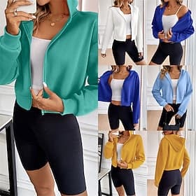 Women's Solid Colored Zip Up Hoodie Hooded Jacket Spring Fall Zipper Pocket Long Sleeve Athleisure Windproof Blue White Yellow Sportswear Activewear