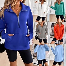 Women's Solid Colored Sweatshirt Spring Fall Pocket Long Sleeve Athleisure Windproof White Royal Blue Blue Sportswear Activewear