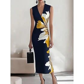 Dames Maxi-jurk Schede jurk Casual Buiten Uitgaan Normale pasvorm Bloemig Mouwloos V-hals Marine Zwart Zomer