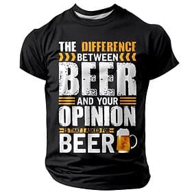 Men's Funny Beer Graphic T-Shirt - 'The Difference Between Beer and Your Opinion' Humorous Short Sleeve Top