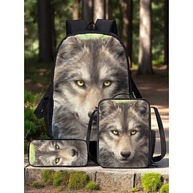 Boy's 3-Piece Wolf Print Backpack Set – Durable Lightweight School Bag with Lunch Box and Pencil Case for Students, Outdoor Adventures and Daily Commute Kayomi