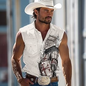 Men's Knights Templar Shirt Western Shirt Cowboy Shirt Sleeveless Western Style Outdoor Work Causal Summer Spring Turndown 3D Print Button Up Shirts White Gree