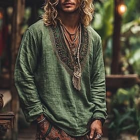 Men's Shirt Linen Shirt Viking Style Popover Shirt Summer Shirt Beach Wear Geometric Vacation Street Yellow Purple Green Long Sleeve V Neck Summer Spring Cloth