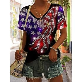 Unabhängigkeitstag Patriotisches Damen T-Shirt Grafische Flagge Vintage Stilvoll Klassisch Kurzärmlig V-Ausschnitt Reguläre Tops Alltag Druck Schwarz Lila Grün