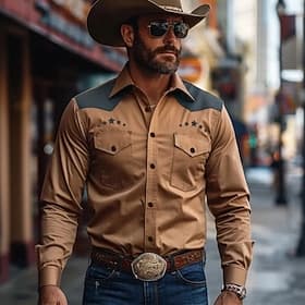 Homme Etoile Chemise Western Chemise de cow-boy manche longue Western Printemps Automne Col Rabattu Boutonner Marron