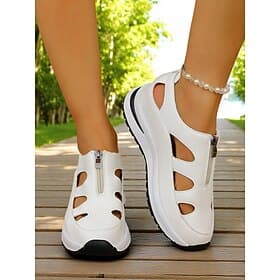 Women's White Sport Sandals with Cutout Design, Zip-Up Lightweight Shoes for Comfort Walks, Active Travel and Daily Errands