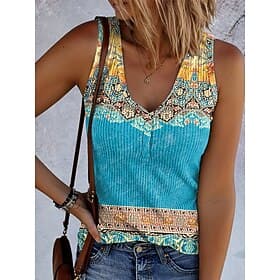 Women's Camisole Tank Top Print Graphic Geometric Vintage Stylish Ethnic Sleeveless V Neck Regular Tops Daily Blue Yellow Purple Green Summer Spring