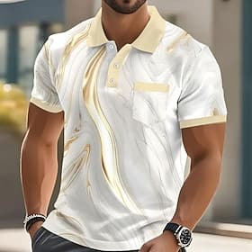 Men's Geometic Line Polo Short Sleeve Polo Shirts Collared Shirts Business Casual Outdoor Athleisure Daily Wear Pocket 3D Print Buttons Summer Blue Pink Gold