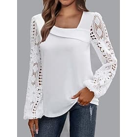 Women's White Elegant Lace Tops Eyelet Blouse Casual Solid Color Regular Tops Long Sleeve Asymmetrical Lace Patchwork Regular Fit Daily Black White Pink Romant