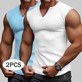 2 Piece Men's Waffle Tank Top Tank Top Vest Undershirt Sleeveless V Neck Summer Plain Fashion Sporty Classic  Basic Street Casual Sports White Blue Top Tee for