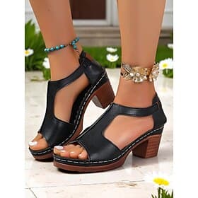 Women's Retro Block Heel Cutout Sandals – Black Faux Leather Comfy Open-Toe Shoes with Chunky Sole for Weekend Markets Outdoor Dining and Garden Parties