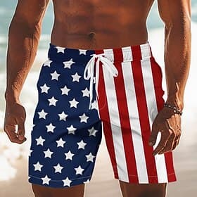 Independence Day Men's US Flag Patriotic Fourth of July Swim Trunks Swim Shorts Board Shorts Mid Waist Hawaiian Holiday Side Pockets Mesh Lining Elastic Drawst