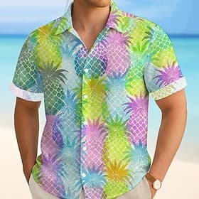 Men's Fruit Pineapple Tropical Summer Hawaiian Shirt Button Up Shirt Aloha Shirt Short Sleeve Hawaiian Vacation Beach Wear Summer Spring Turndown 3D Print Coll