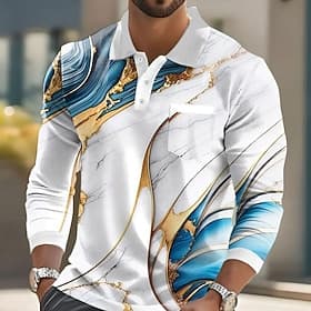 Herren Marmor Polo Langarm Polo-Shirts Hemden mit Kragen Lässig Geschäft Athleisure Alltagskleidung Tasche 3D-Druck Knöpfe Frühling Herbst Winter Rote