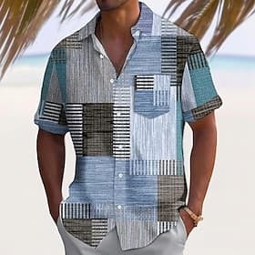 Men's Geometric Color Block Patchwork Shirt Summer Shirt Button Up Shirt Short Sleeve Fashion Casual Outdoor Vacation Dailywear Summer Spring Turndown 3D Print