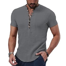 Men's Linen Shirt Band Collar Shirt Popover Shirt Summer Shirt Beach Wear Casual Shirt Plain Vacation Casual Black White Red Khaki Short Sleeve Band Collar Sum