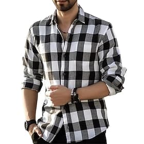 Men's Geometric Grid / Plaid Shirt Button Up Shirt Casual Dress Shirt Long Sleeve Fashion Casual Office Dailywear Spring Fall Turndown 3D Print Linen Like Shir