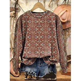 Women's Pullover Sweatshirt Print Floral Graphic Geometric Warm Fashion Western Long Sleeve Crew Neck Regular Tops Casual Street Dailywear Blue Black Fuchsia O