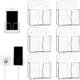 Wall Mounted Phone Holder Self Adhesive Cell Phone Stand with Charging Hole Acrylic Clear Remote Control Stand Bedside Organizer for Home Office