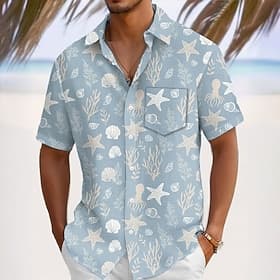 Men's Conch Sea Creatures Coral Summer Hawaiian Shirt Button Up Shirt Aloha Shirt Short Sleeve Shirt Turndown Hawaiian Vacation Holiday Beach Wear Blue Blue 1#