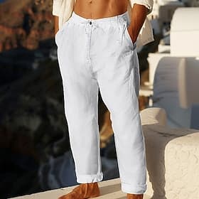 Men's Linen Pants Trousers Summer Pants Beach Pants Pocket Elastic Waist Plain Comfort Breathable Daily Beach Vacation Hawaiian Boho Navy Blue Sky Blue