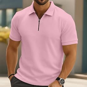 Men's Quarter Zip Polo Golf Shirt Daily Holiday Lapel Quarter Zip Short Sleeve Fashion Basic Plain Spring  Summer Regular Fit Black White Pink Wine Navy Blue R