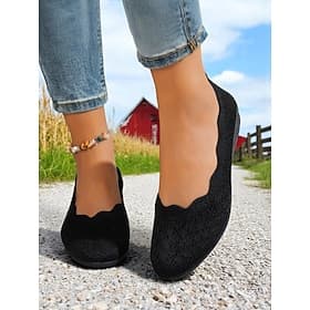 Women's Black Knit Slip-On Flats, Breathable Fly-Weave Round-Toe Shoes for Casual Outings, Office Commute and Summer Countryside Walks