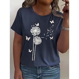 Women's Plus Size Tops T Shirt Floral Striped Print Short Sleeve Crew Neck Casual Daily Polyester Summer White Light Green