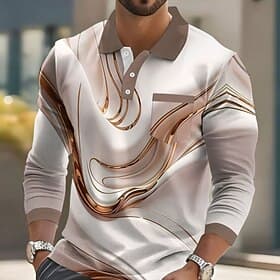 Men's Geometric Line Polo Long Sleeve Polo Shirts Collared Shirts Business Casual Business Athleisure Daily Wear Pocket 3D Print Buttons Spring Fall Winter Blu thumbnail 2