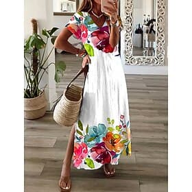 Women's Maxi Dress Sundress Casual Dress A Line Dress Elegant Vacation Casual Beach Holiday Regular Fit Ombre Floral Graphic Short Sleeve V Neck White Summer S