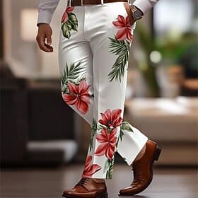Men's Floral Print Flowers Dress Pants Trousers Suit Pants Mid Waist Casual Vacation Party Regular Fit Flat-Front Straight Leg Pants with Pockets Summer Spring