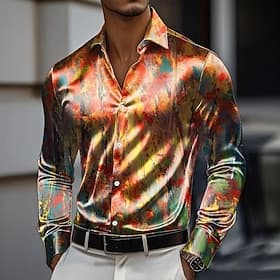 Men's Tie Dye Multi Color Satin Shirt Dress Shirt Button Up Shirt Long Sleeve Fashion Casual Vacation Holiday Summer Spring Fall Turndown Collared Shirts 3D Pr