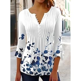 Women's T-Shirt  V Neck Ombre Floral Graphic Elegant Stylish Basic 3/4 Length Sleeve Regular Tops Daily Going out Buttons Light Green Pink Blue Purple Light Bl