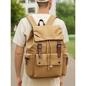 Men's Vintage Canvas Rucksack Backpack with Leather Trim, Large Capacity Multi-Pocket Laptop Travel Bag for College, Work, Hiking and Daily Commute