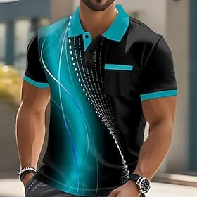 Men's Geometic Line Polo Short Sleeve Polo Shirts Collared Shirts Business Casual Outdoor Athleisure Daily Wear Pocket 3D Print Buttons Summer Blue Green