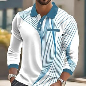 Men's Geometric Polo Long Sleeve Polo Shirts Collared Shirts Business Casual Business Athleisure Daily Wear Pocket 3D Print Buttons Spring Fall Winter Red Gree