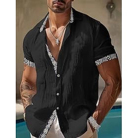 Men's Linen Shirt Summer Shirt Beach Wear Button Up Shirt Geometric Vacation Casual Black White Blue Short Sleeve Turndown Summer Spring Clothing Apparel Patch