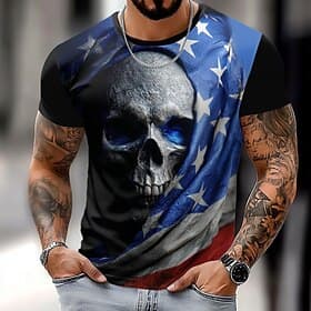 American Independence Day Men's Skull American US Flag T Shirt Short Sleeve T shirt 3D Print Crew Neck Shirt Fashion Daily Basic Street Casual Daily Black Summ