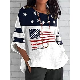 Independence Day Patriotic Women's Blouse Linen Like Graphic Flag Bohemia Vintage Tropical 3/4 Length Sleeve Crew Neck Regular Tops Daily Holiday Vacation Wear
