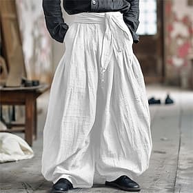 Men's Linen Pants Trousers Summer Pants Baggy Pants Beach Pants Elastic Waist Plain Comfort Breathable Vacation Daily Holiday Vintage Boho White Navy Blue
