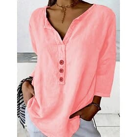 Women's Shirt Linen-feel Shirts Blouse Cotton Shirt Buttons Solid Color Stylish Casual 3/4 Length Sleeve Crew Neck Regular Tops Daily Black White Pink Navy Blu